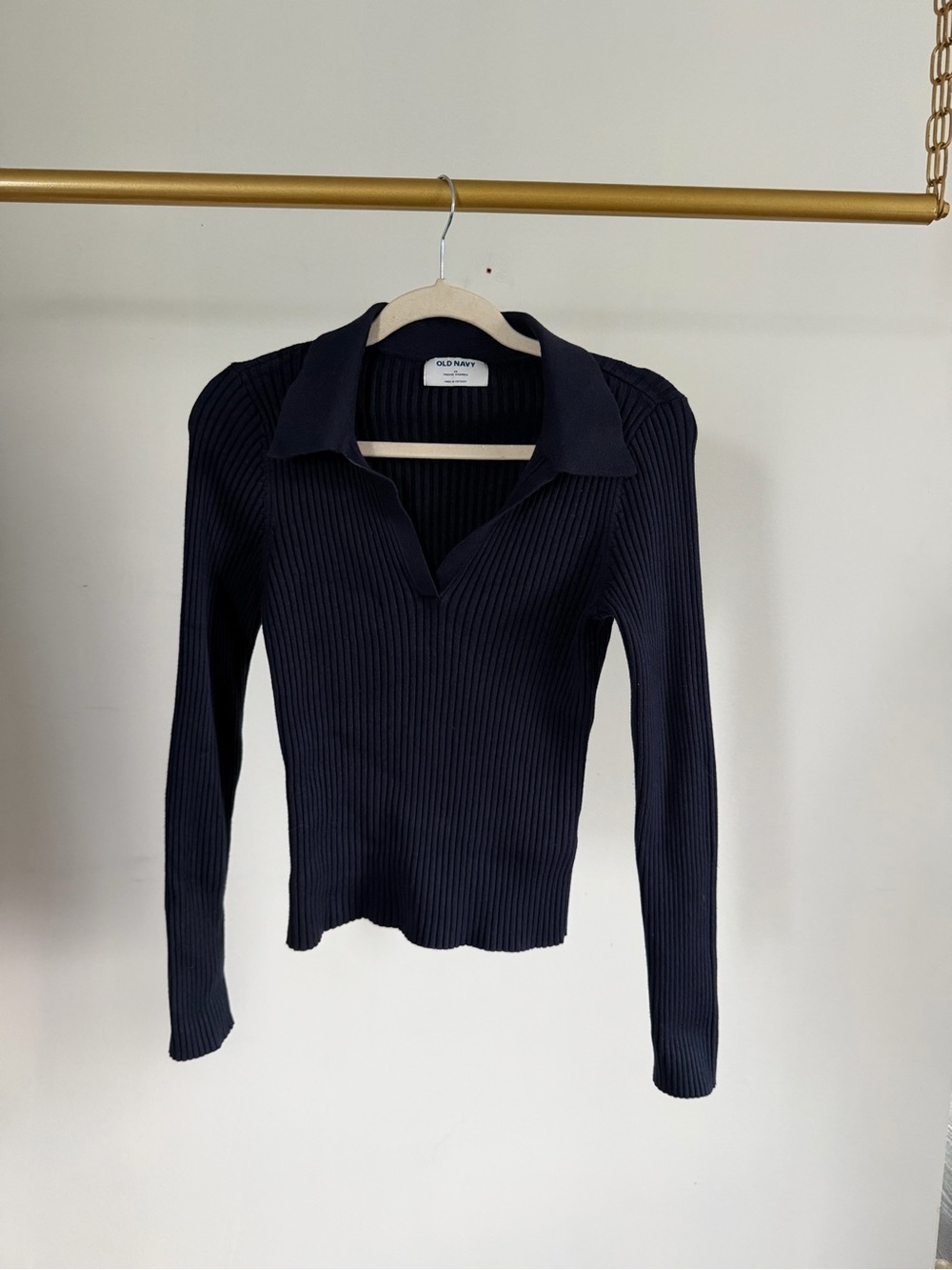 Old Navy Navy Ribbed Long-Sleeve Polo Knit Top